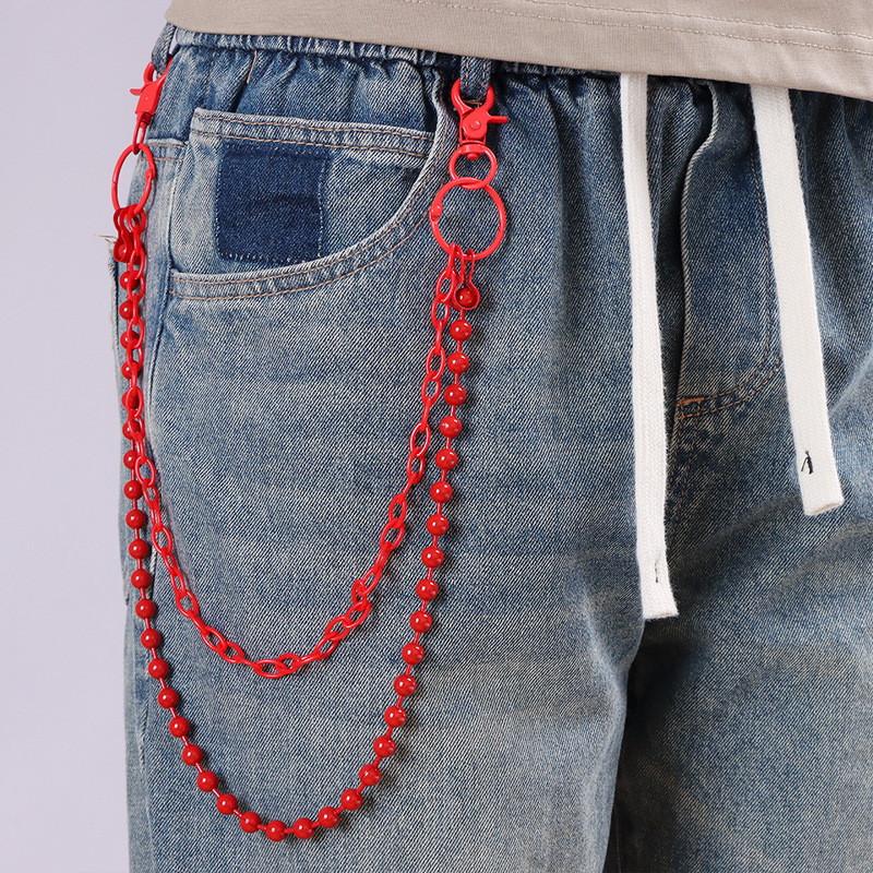 Street Fashion Jewelry - Jasnoczerwony wielowarstwowy łańcuszek do spodni z